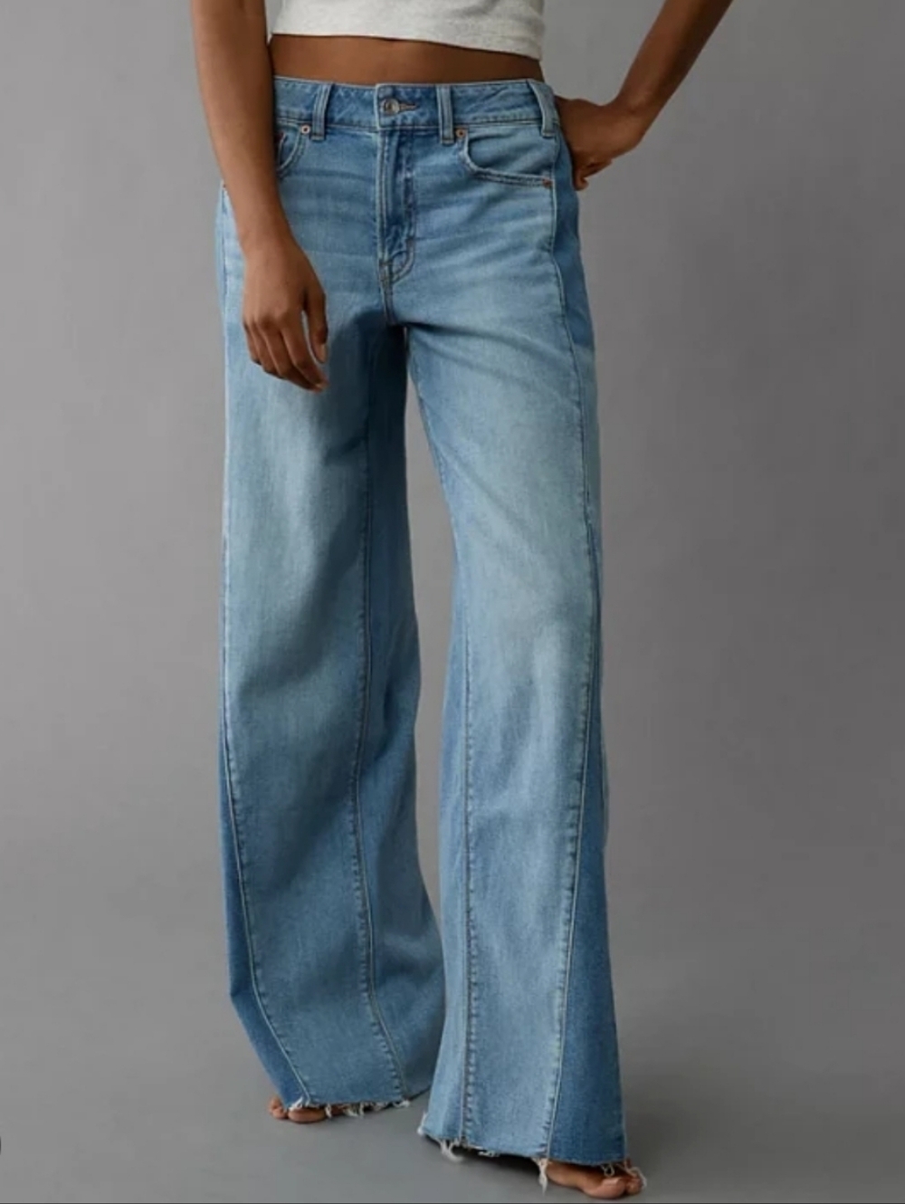 AE Dreamy Drape Stretch Patchwork Low-Rise Baggy Wide-Leg Jean, Sz 2